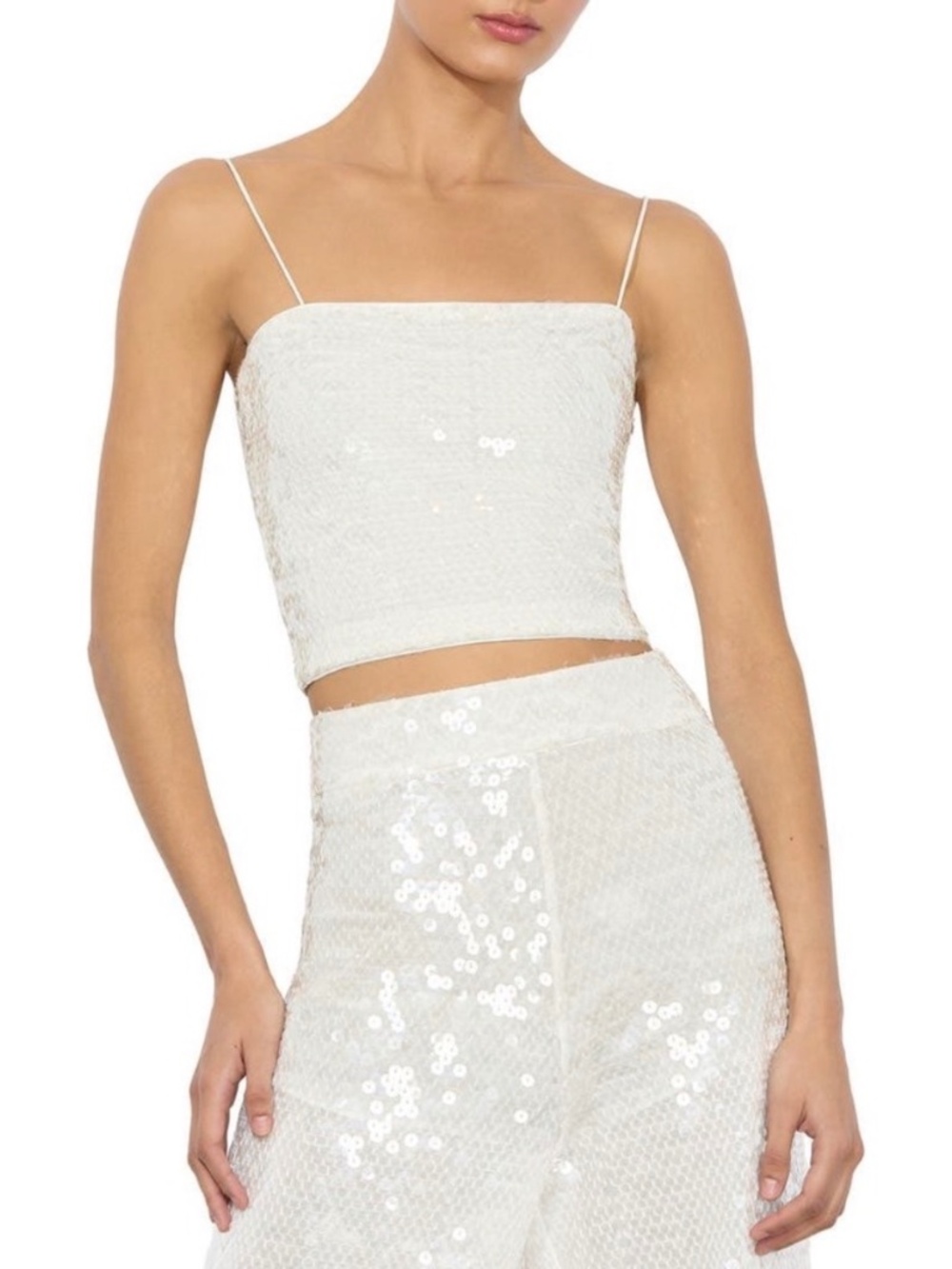 Alice + Olivia Ceresi Embellished Top Off White Sequined Smocked Back Sz 6